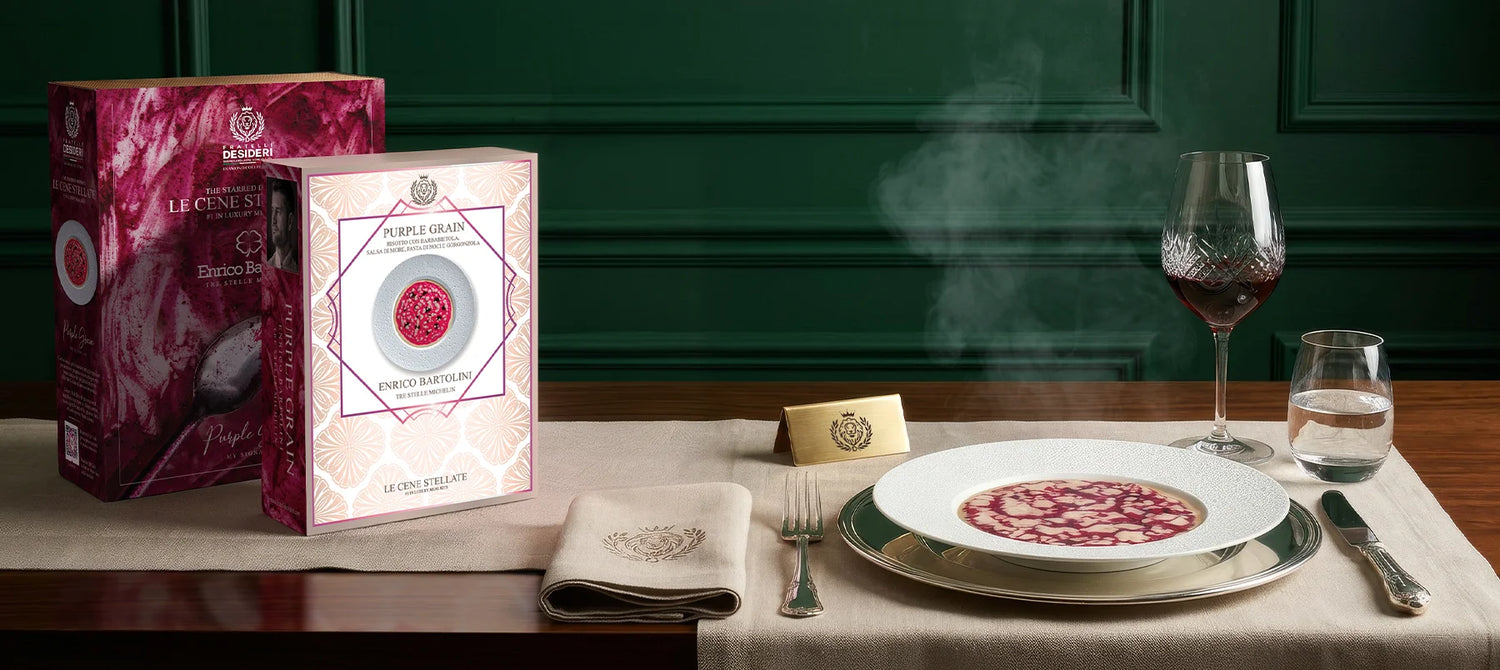 Banner con la gift box Purple Grain e il risotto impiattato