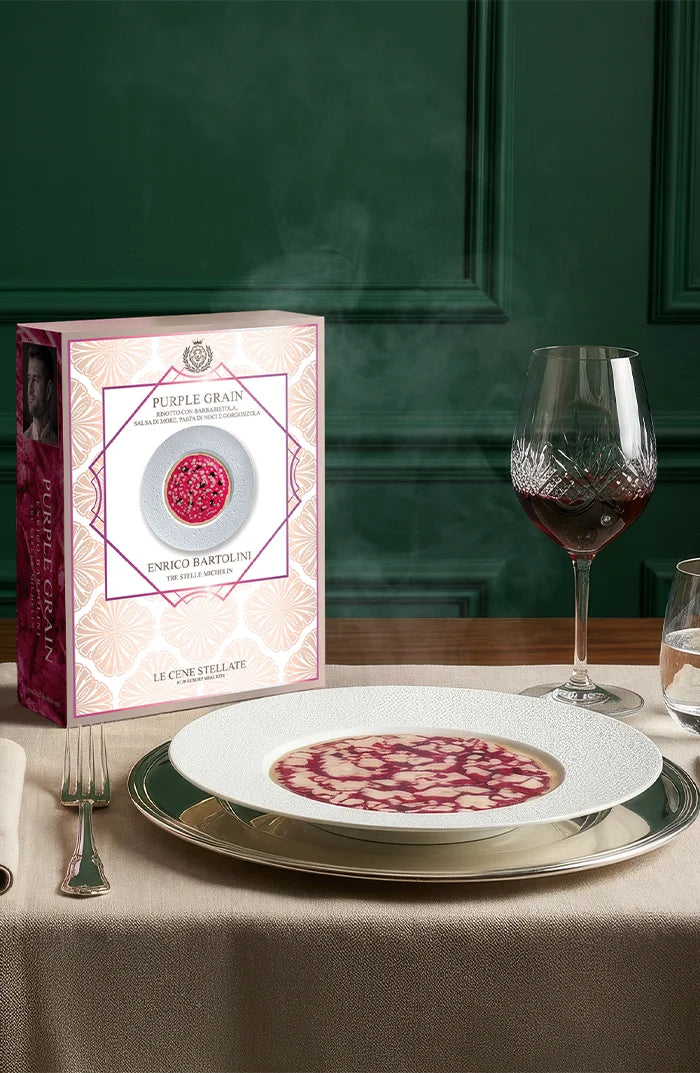 Banner con la gift box Purple Grain e il risotto impiattato